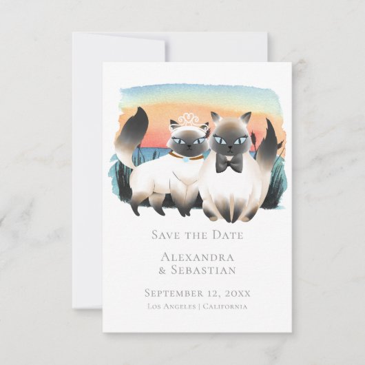 可愛いシャム猫のカップルがデート結婚を守る 招待状 (正面)