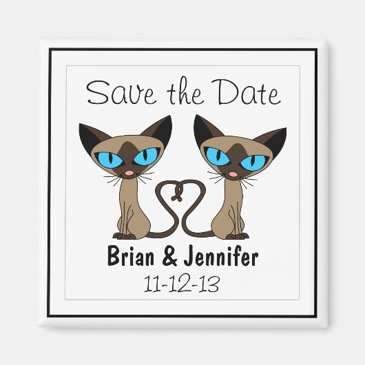 可愛いシャム猫の尻尾ハート結婚式期日保存 マグネット (正面)