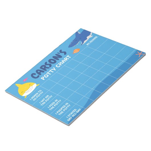 可愛いシャークのパーソナライズされたPottyチャート名とタスク ノートパッド (アングル)