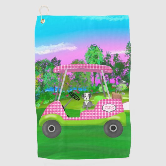 可愛いシュナウザー付きゴルフカート及びイニシャル ゴルフタオル (正面)