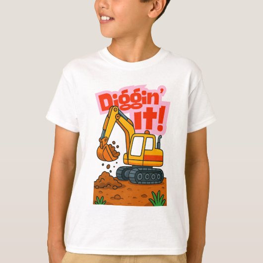 可愛いショベルキッズTシャツ – "Diggin'It!" Tシャツ (正面)