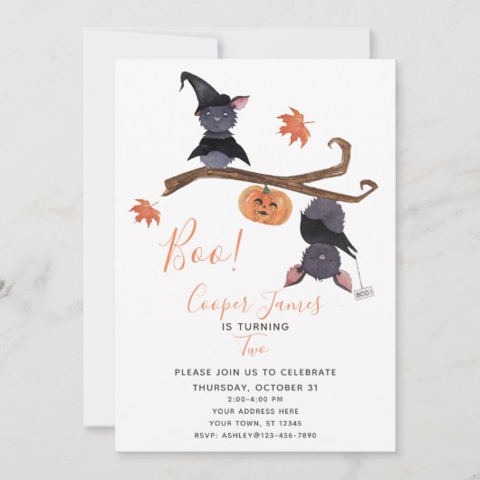 可愛いシンプルこうもりハロウィーンの子どもの2歳の誕生日 招待状 (正面)