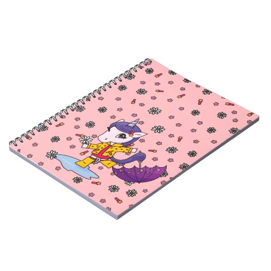 可愛いシンプルコーラルフローラユニコーンinレインコート ノートブック (左側)