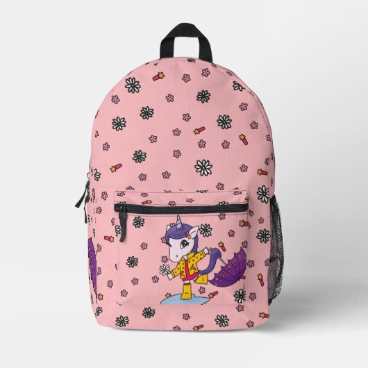 可愛いシンプルコーラルフローラユニコーンinレインコート プリントバックパック (正面)