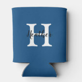 可愛いシンプルブルー&ホワイトモノグラム名+イニシャル 缶クーラー (裏面)