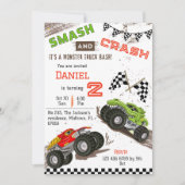 可愛いシンプルモンスタモダンートラックのキッド2歳の誕生日 招待状 (正面)