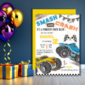 可愛いシンプルモンスタモダンートラックのキッド2歳の誕生日 招待状