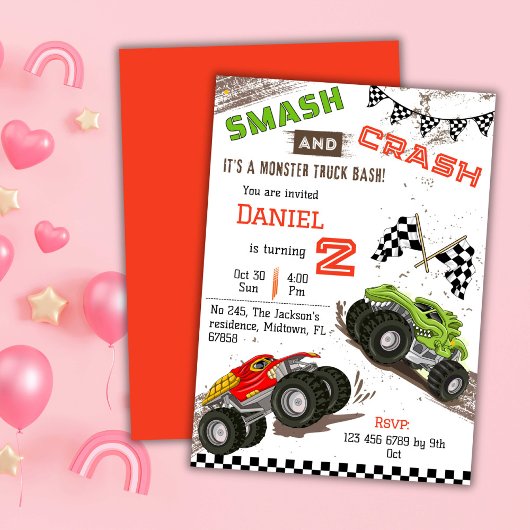 可愛いシンプルモンスタモダンートラックのキッド2歳の誕生日 招待状