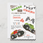 可愛いシンプルモンスタモダンートラックキッド4歳の誕生日 招待状 (正面)