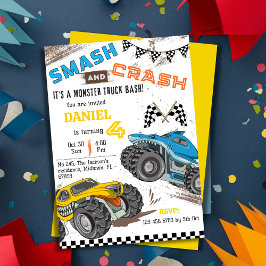 可愛いシンプルモンスタモダンートラックキッド4歳の誕生日 招待状
