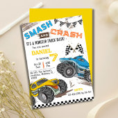 可愛いシンプルモンスタモダンートラックキッド7歳の誕生日 招待状