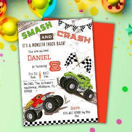 可愛いシンプルモンスタモダンートラックキッド8歳の誕生日 招待状