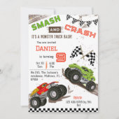 可愛いシンプルモンスタモダンートラックキッド9歳の誕生日 招待状 (正面)