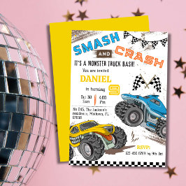 可愛いシンプルモンスタモダンートラックキッド9歳の誕生日 招待状