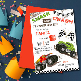 可愛いシンプルモンスタモダンートラックキッド9歳の誕生日 招待状