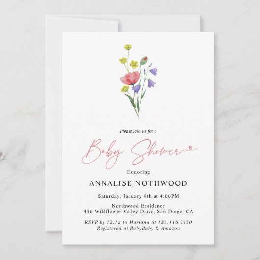 可愛いシンプル水彩野草赤ちゃんシャワー 招待状 (正面)