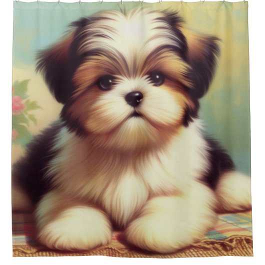 可愛いシーズー（犬）の子犬絵画の シャワーカーテン (正面)