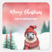 可愛いシールアシカ動物園サンタクリスマスパーティーの子供 スクエアシール (正面)
