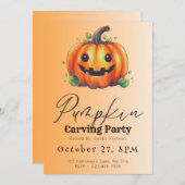 可愛いジャックオランタンオレンジカボチャ彫刻パーティー 招待状 (正面/裏面)