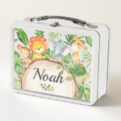 可愛いジャングルアニマルサファリオンライオンエレファントモンキー メタルランチボックス (正面)