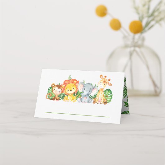 可愛いジャングルアニマルズサファリ1歳の誕生日の緑 プレイスカード (裏面)