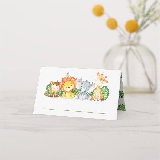 可愛いジャングルアニマルズサファリ1歳の誕生日の緑 プレイスカード (正面)