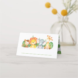 可愛いジャングルアニマルズサファリ1歳の誕生日の緑 プレイスカード