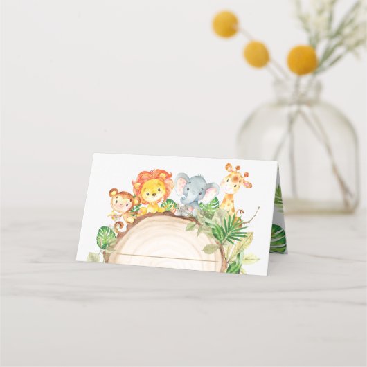可愛いジャングルアニマルズサファリ1歳の誕生日の緑 プレイスカード (裏面)