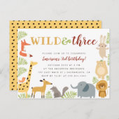 可愛いジャングルアニマル&離れズワイルドアンドスリー誕生日 インビテーションポストカード (正面/裏面)