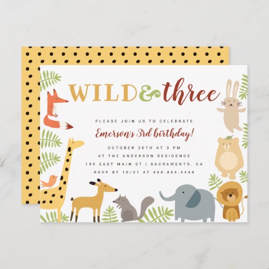 可愛いジャングルアニマル&離れズワイルドアンドスリー誕生日 インビテーションポストカード (正面/裏面)