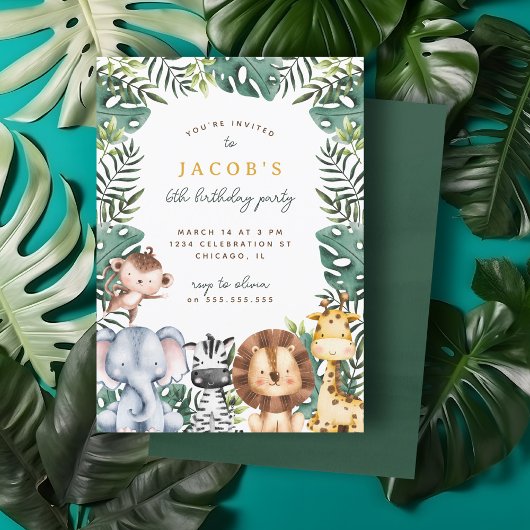 可愛いジャングルサファリ動物の男の子の誕生日パーティー 招待状
