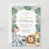 可愛いジャングルサファリ動物の男の子の誕生日パーティー 招待状 (正面)