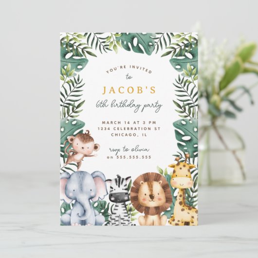 可愛いジャングルサファリ動物の男の子の誕生日パーティー 招待状 (スタンド正面)