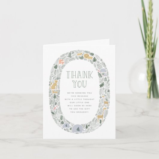 可愛いジャングルサファリ動物の赤ちゃんシャワーありがとう サンキューカード (正面)
