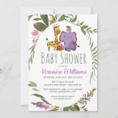 可愛いジャングルサファリ動物パープルベビーシャワー 招待状 (正面)