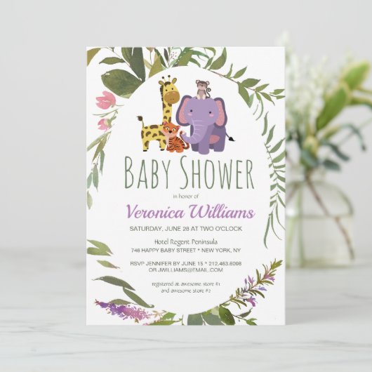 可愛いジャングルサファリ動物パープルベビーシャワー 招待状 (スタンド正面)