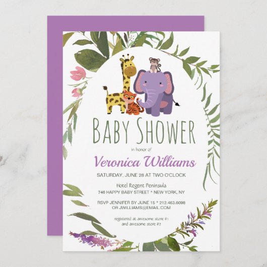 可愛いジャングルサファリ動物パープルベビーシャワー 招待状 (正面/裏面)