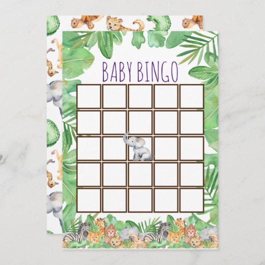 可愛いジャングルサファリ動物ベビーシャワーベビービンゴ 招待状 (正面/裏面)