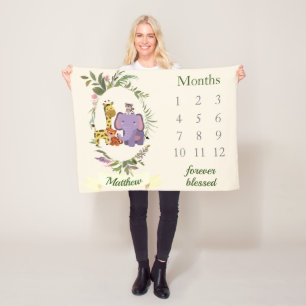 可愛いジャングルサファリ動物男の赤ちゃんマイルストーン フリースブランケット