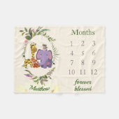 可愛いジャングルサファリ動物男の赤ちゃんマイルストーン フリースブランケット (正面(横))