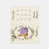 可愛いジャングルサファリ動物男の赤ちゃんマイルストーン フリースブランケット (正面)