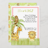 可愛いジャングルモンキーキリン生まれたばかりのライオンベビーガール 招待状 (正面/裏面)