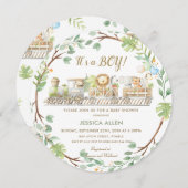 可愛いジャングル動物が緑の赤ちゃんシャワーをトレーニング 招待状 (正面/裏面)