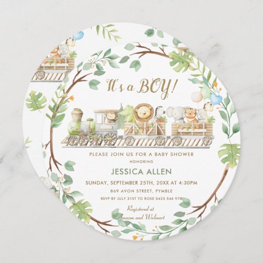 可愛いジャングル動物が緑の赤ちゃんシャワーをトレーニング 招待状 (正面/裏面)