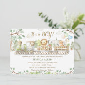 可愛いジャングル動物が緑の赤ちゃんシャワーをトレーニング 招待状 (スタンド正面)