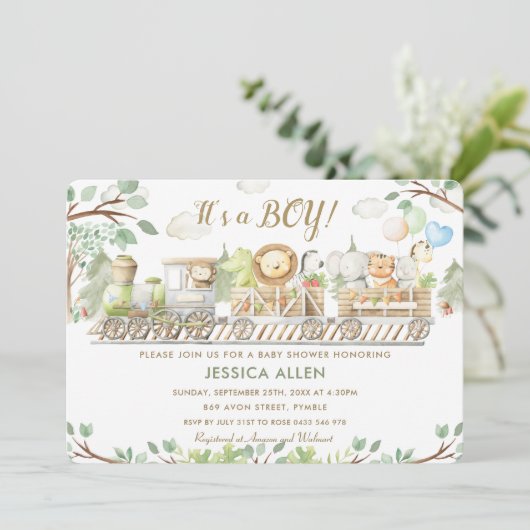 可愛いジャングル動物が緑の赤ちゃんシャワーをトレーニング 招待状 (スタンド正面)