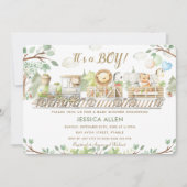 可愛いジャングル動物が緑の赤ちゃんシャワーをトレーニング 招待状 (正面)