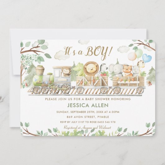 可愛いジャングル動物が緑の赤ちゃんシャワーをトレーニング 招待状 (正面)