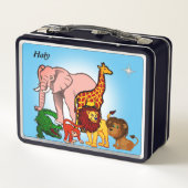 可愛いジャングル動物と光の星のティール（緑がかった色）ブルー メタルランチボックス (裏面)