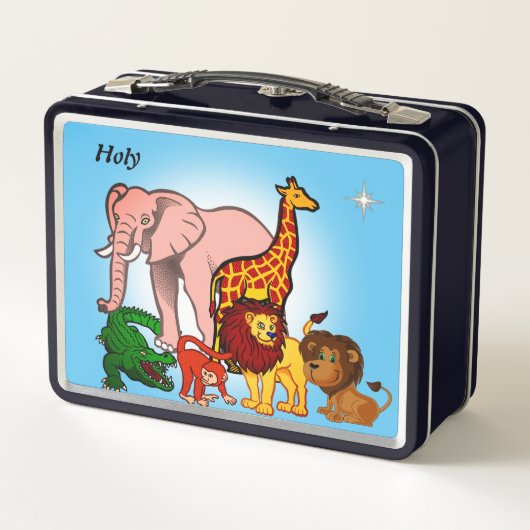 可愛いジャングル動物と光の星のティール（緑がかった色）ブルー メタルランチボックス (裏面)